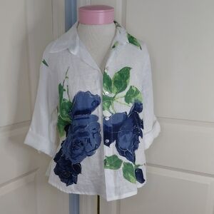 Sagimar Floral Button Down Shirt Blue, White Sz S